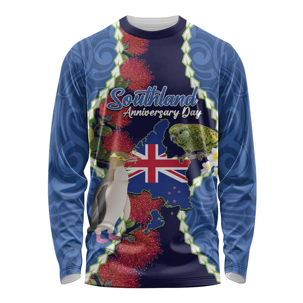 Southland Anniversary Day Long Sleeve Shirt Murihiku 1861 Maori Bird Mix Pohutukawa LT14 Unisex Blue - Polynesian Pride
