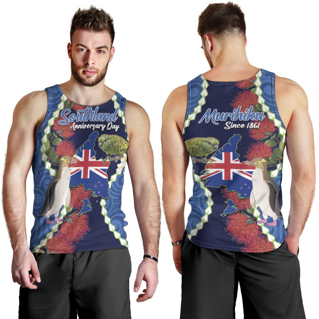 Southland Anniversary Day Men Tank Top Murihiku 1861 Maori Bird Mix Pohutukawa LT14 - Polynesian Pride