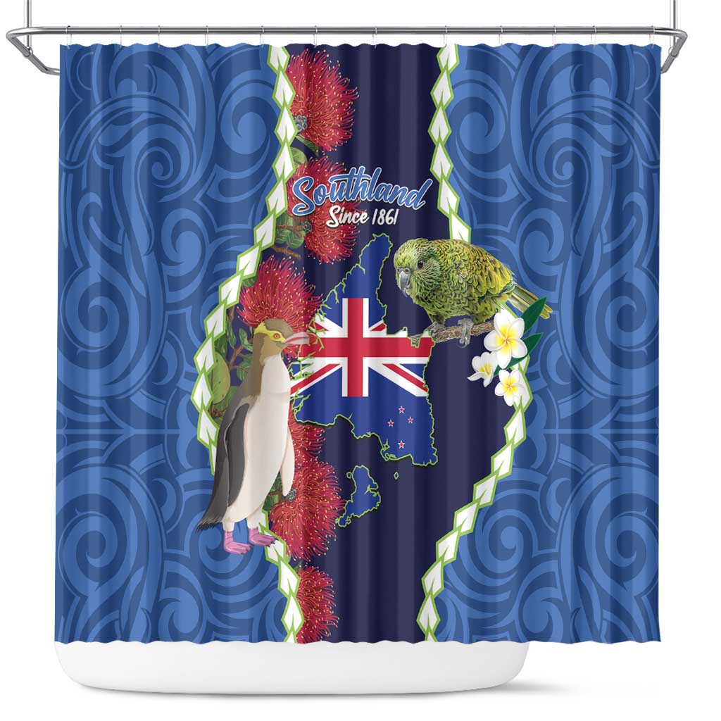 Southland Anniversary Day Shower Curtain Murihiku 1861 Maori Bird Mix Pohutukawa