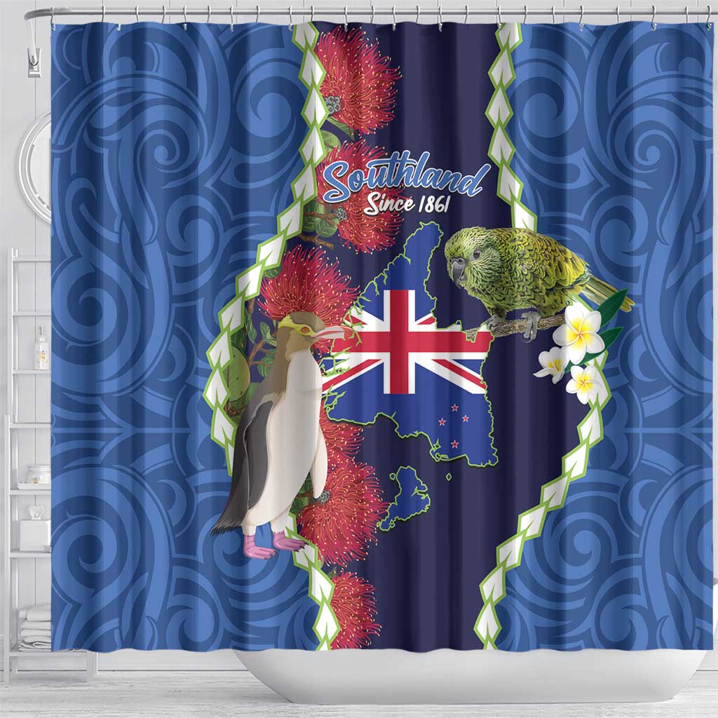 Southland Anniversary Day Shower Curtain Murihiku 1861 Maori Bird Mix Pohutukawa