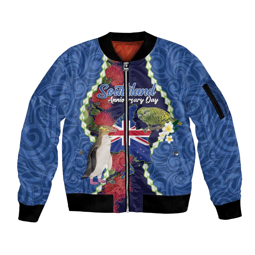 Southland Anniversary Day Sleeve Zip Bomber Jacket Murihiku 1861 Maori Bird Mix Pohutukawa