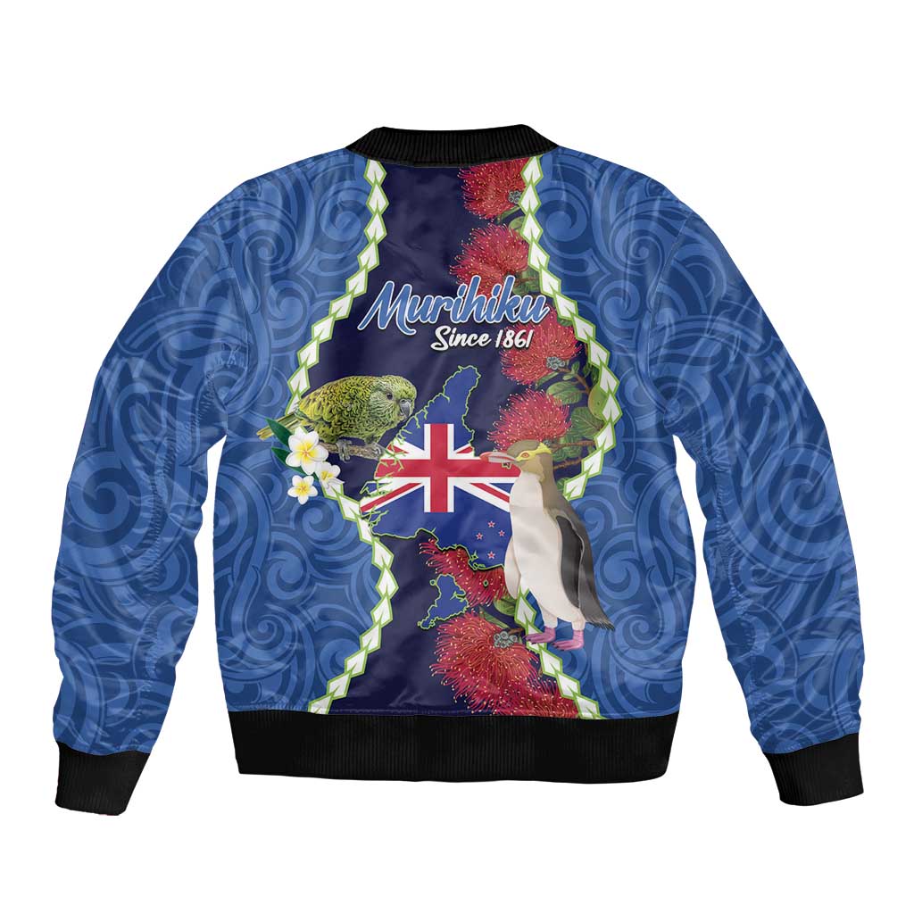 Southland Anniversary Day Sleeve Zip Bomber Jacket Murihiku 1861 Maori Bird Mix Pohutukawa