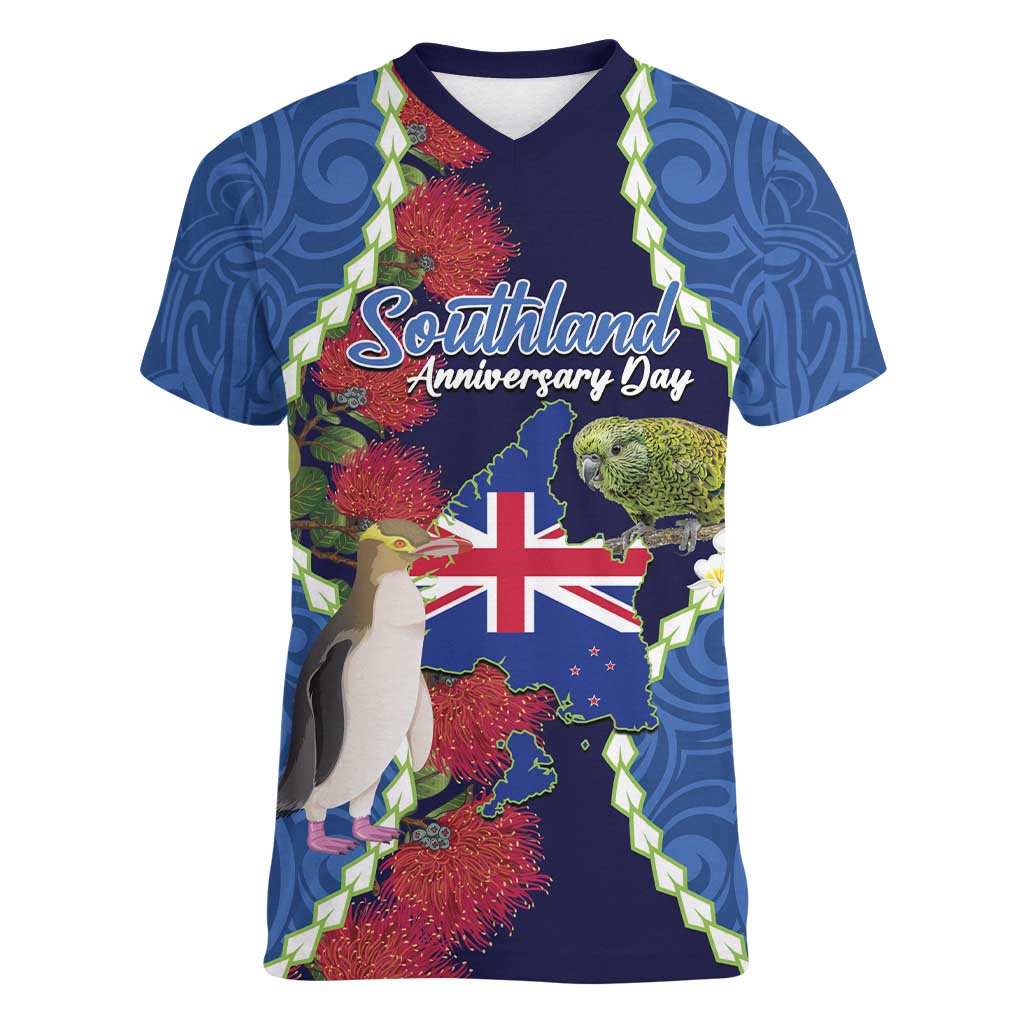 Southland Anniversary Day Women V-Neck T-Shirt Murihiku 1861 Maori Bird Mix Pohutukawa
