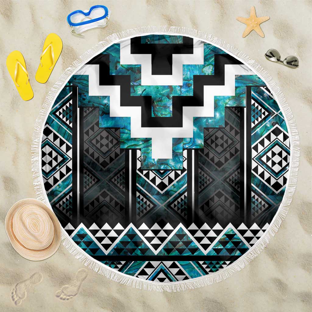 Paua Shell Taniko Pattern Aotearoa Beach Blanket Niho Taniwha Mix Poutama LT14 One Size 150cm Turquoise - Polynesian Pride