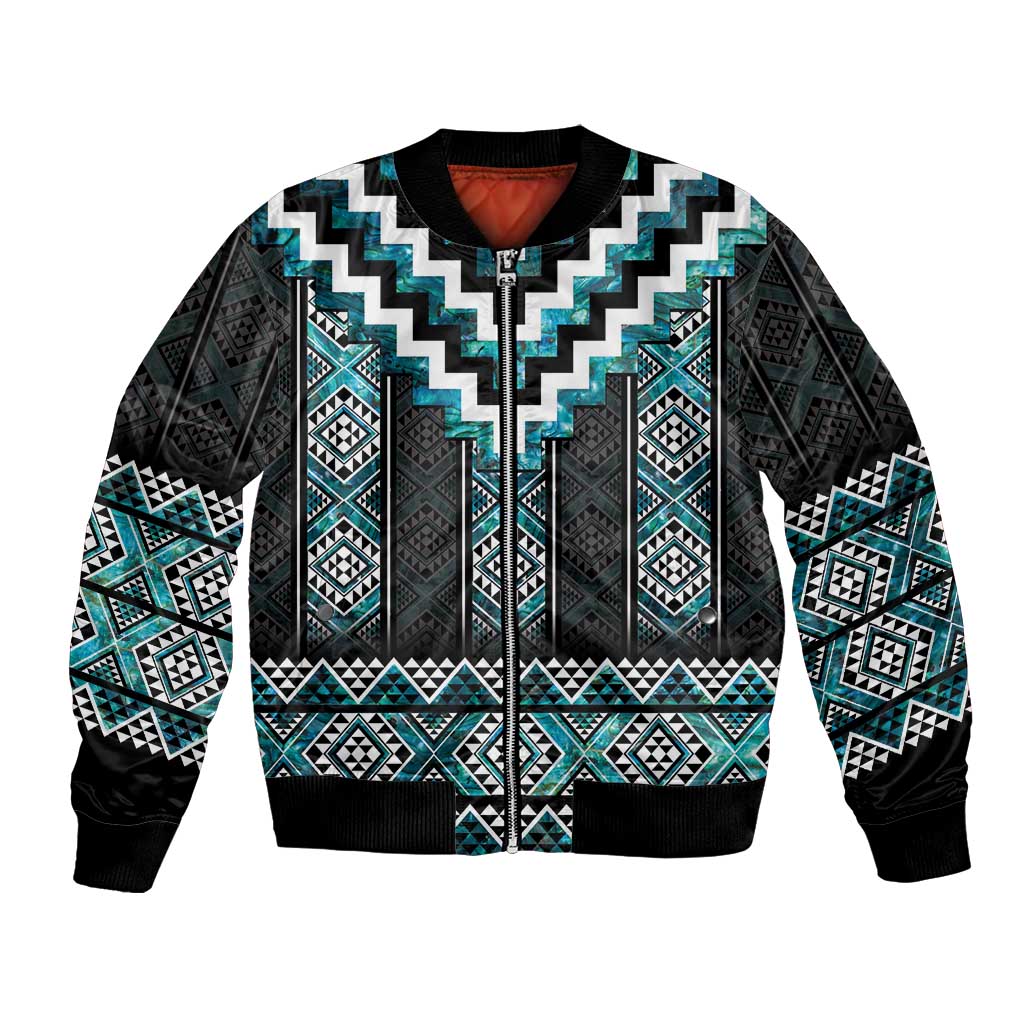 Paua Shell Taniko Pattern Aotearoa Bomber Jacket Niho Taniwha Mix Poutama