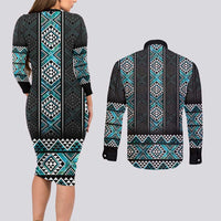 Paua Shell Taniko Pattern Aotearoa Couples Matching Long Sleeve Bodycon Dress and Long Sleeve Button Shirt Niho Taniwha Mix Poutama LT14 - Polynesian Pride