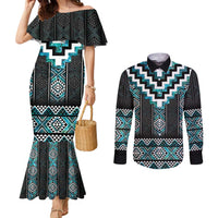 Paua Shell Taniko Pattern Aotearoa Couples Matching Mermaid Dress and Long Sleeve Button Shirt Niho Taniwha Mix Poutama LT14 Turquoise - Polynesian Pride