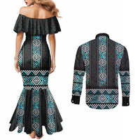 Paua Shell Taniko Pattern Aotearoa Couples Matching Mermaid Dress and Long Sleeve Button Shirt Niho Taniwha Mix Poutama LT14 - Polynesian Pride