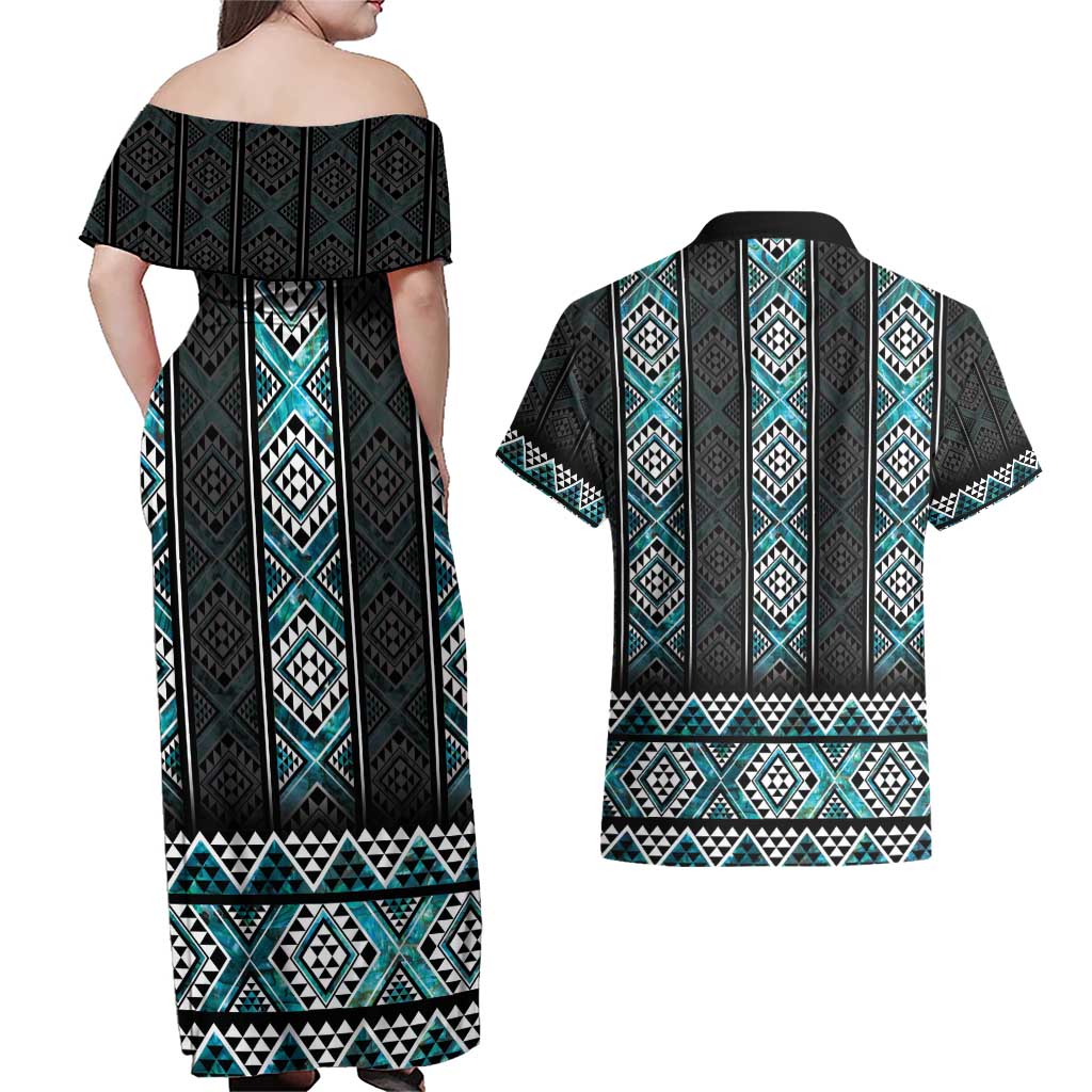Paua Shell Taniko Pattern Aotearoa Couples Matching Off Shoulder Maxi Dress and Hawaiian Shirt Niho Taniwha Mix Poutama LT14 - Polynesian Pride