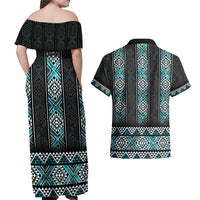 Paua Shell Taniko Pattern Aotearoa Couples Matching Off Shoulder Maxi Dress and Hawaiian Shirt Niho Taniwha Mix Poutama LT14 - Polynesian Pride