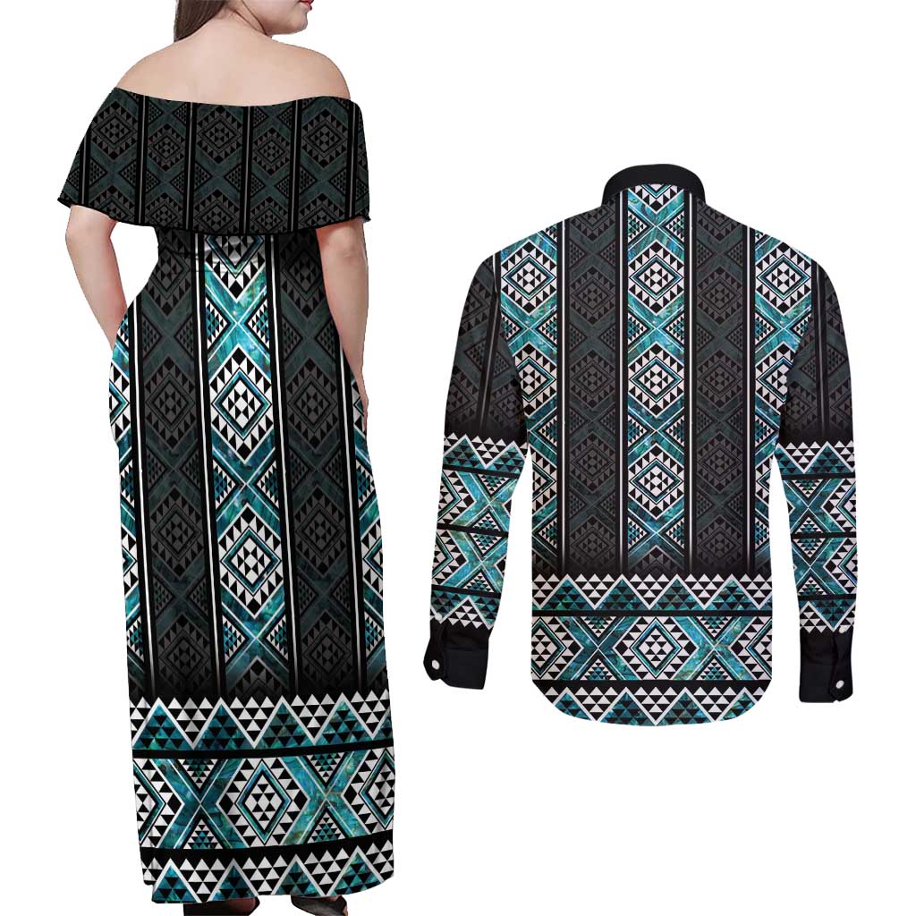 Paua Shell Taniko Pattern Aotearoa Couples Matching Off Shoulder Maxi Dress and Long Sleeve Button Shirt Niho Taniwha Mix Poutama LT14 - Polynesian Pride