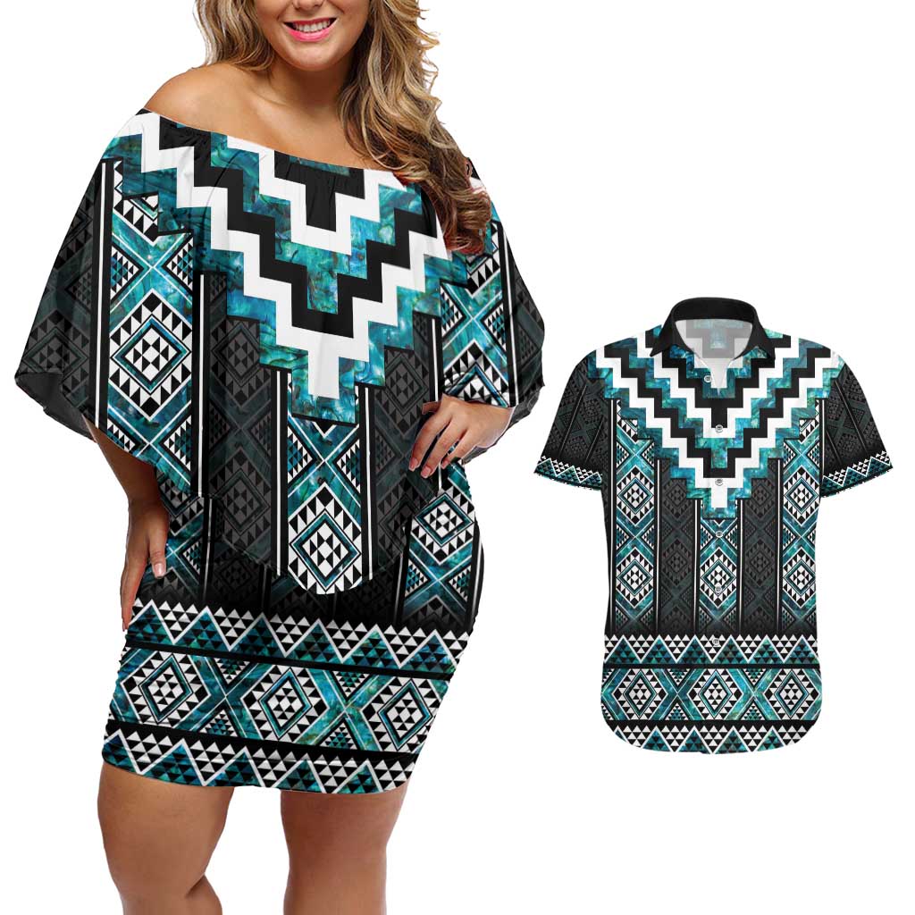 Paua Shell Taniko Pattern Aotearoa Couples Matching Off Shoulder Short Dress and Hawaiian Shirt Niho Taniwha Mix Poutama LT14 Turquoise - Polynesian Pride