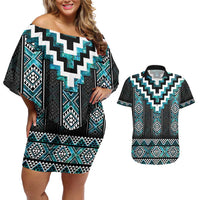 Paua Shell Taniko Pattern Aotearoa Couples Matching Off Shoulder Short Dress and Hawaiian Shirt Niho Taniwha Mix Poutama LT14 Turquoise - Polynesian Pride