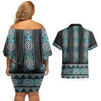 Paua Shell Taniko Pattern Aotearoa Couples Matching Off Shoulder Short Dress and Hawaiian Shirt Niho Taniwha Mix Poutama LT14 - Polynesian Pride
