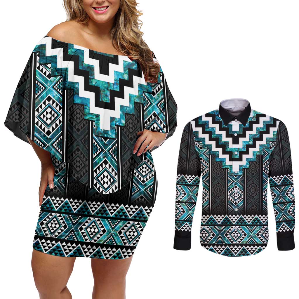 Paua Shell Taniko Pattern Aotearoa Couples Matching Off Shoulder Short Dress and Long Sleeve Button Shirt Niho Taniwha Mix Poutama LT14 Turquoise - Polynesian Pride