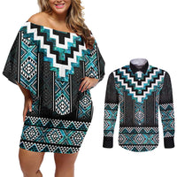 Paua Shell Taniko Pattern Aotearoa Couples Matching Off Shoulder Short Dress and Long Sleeve Button Shirt Niho Taniwha Mix Poutama LT14 Turquoise - Polynesian Pride