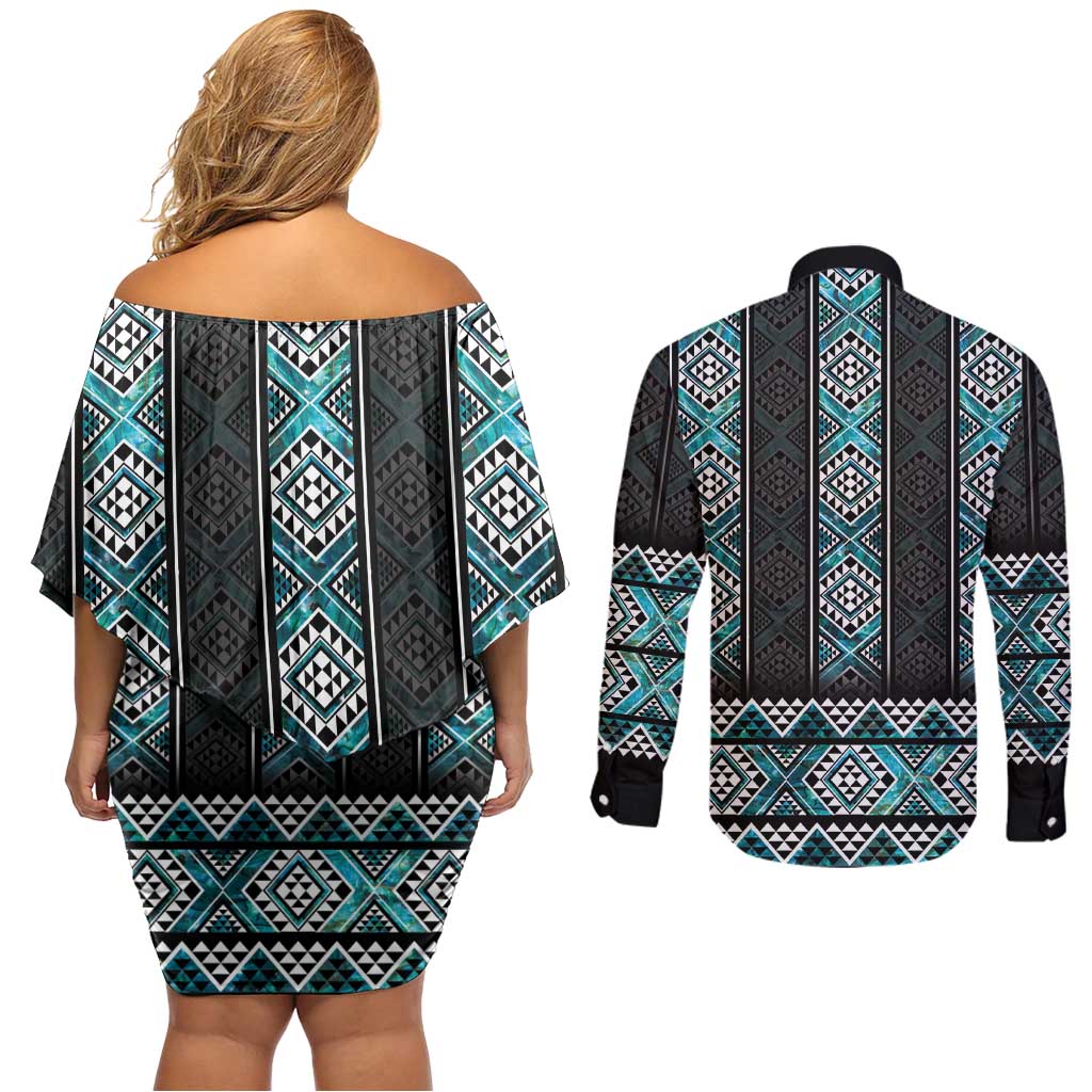 Paua Shell Taniko Pattern Aotearoa Couples Matching Off Shoulder Short Dress and Long Sleeve Button Shirt Niho Taniwha Mix Poutama LT14 - Polynesian Pride