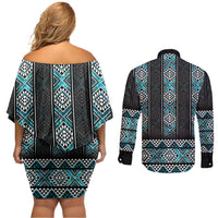Paua Shell Taniko Pattern Aotearoa Couples Matching Off Shoulder Short Dress and Long Sleeve Button Shirt Niho Taniwha Mix Poutama LT14 - Polynesian Pride