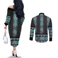 Paua Shell Taniko Pattern Aotearoa Couples Matching Off The Shoulder Long Sleeve Dress and Long Sleeve Button Shirt Niho Taniwha Mix Poutama LT14 - Polynesian Pride