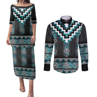 Paua Shell Taniko Pattern Aotearoa Couples Matching Puletasi and Long Sleeve Button Shirt Niho Taniwha Mix Poutama LT14 Turquoise - Polynesian Pride