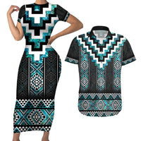 Paua Shell Taniko Pattern Aotearoa Couples Matching Short Sleeve Bodycon Dress and Hawaiian Shirt Niho Taniwha Mix Poutama LT14 Turquoise - Polynesian Pride