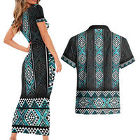 Paua Shell Taniko Pattern Aotearoa Couples Matching Short Sleeve Bodycon Dress and Hawaiian Shirt Niho Taniwha Mix Poutama LT14 - Polynesian Pride