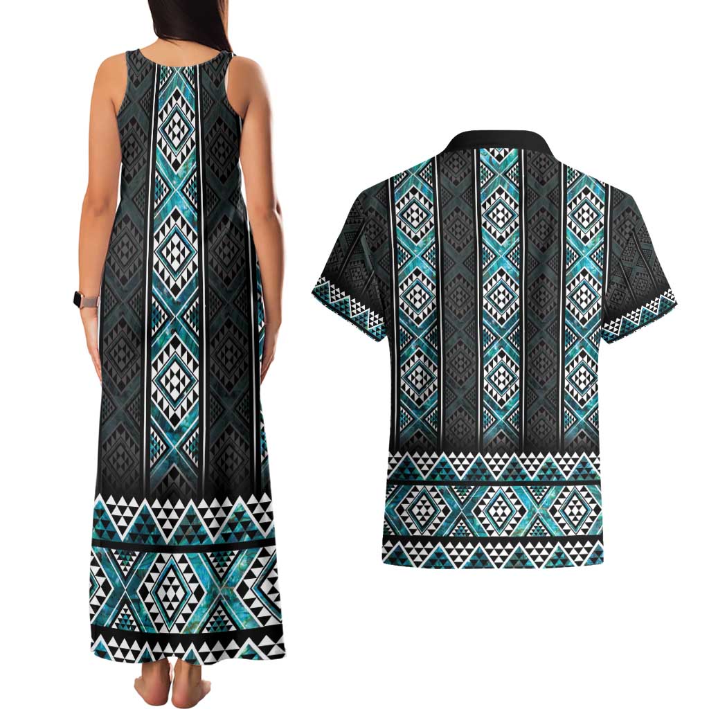 Paua Shell Taniko Pattern Aotearoa Couples Matching Tank Maxi Dress and Hawaiian Shirt Niho Taniwha Mix Poutama LT14 - Polynesian Pride