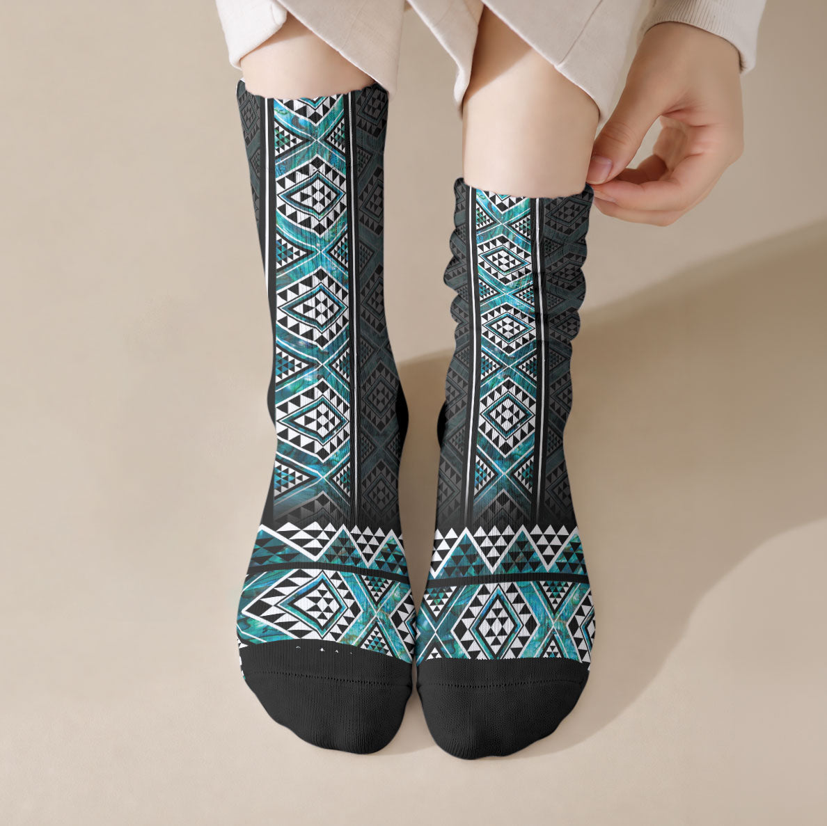 Paua Shell Taniko Pattern Aotearoa Crew Socks Niho Taniwha Mix Poutama