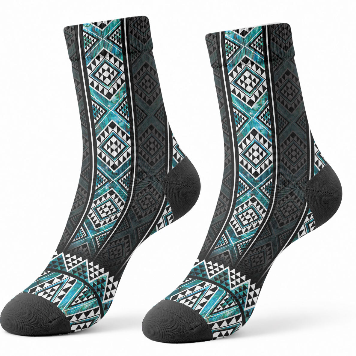 Paua Shell Taniko Pattern Aotearoa Crew Socks Niho Taniwha Mix Poutama