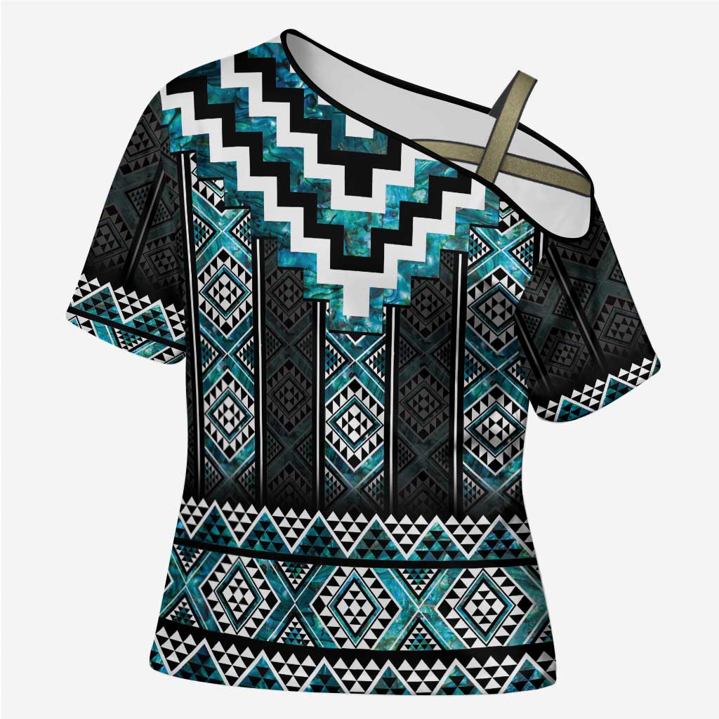 Paua Shell Taniko Pattern Aotearoa Cross Shoulder Shirt Niho Taniwha Mix Poutama - Polynesian Pride