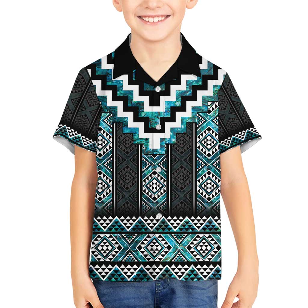 Paua Shell Taniko Pattern Aotearoa Family Matching Long Sleeve Bodycon Dress and Hawaiian Shirt Niho Taniwha Mix Poutama