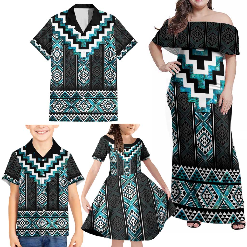 Paua Shell Taniko Pattern Aotearoa Family Matching Off Shoulder Maxi Dress and Hawaiian Shirt Niho Taniwha Mix Poutama LT14 - Polynesian Pride