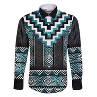 Paua Shell Taniko Pattern Aotearoa Family Matching Off Shoulder Maxi Dress and Hawaiian Shirt Niho Taniwha Mix Poutama LT14 Dad's Shirt - Long Sleeve Turquoise - Polynesian Pride