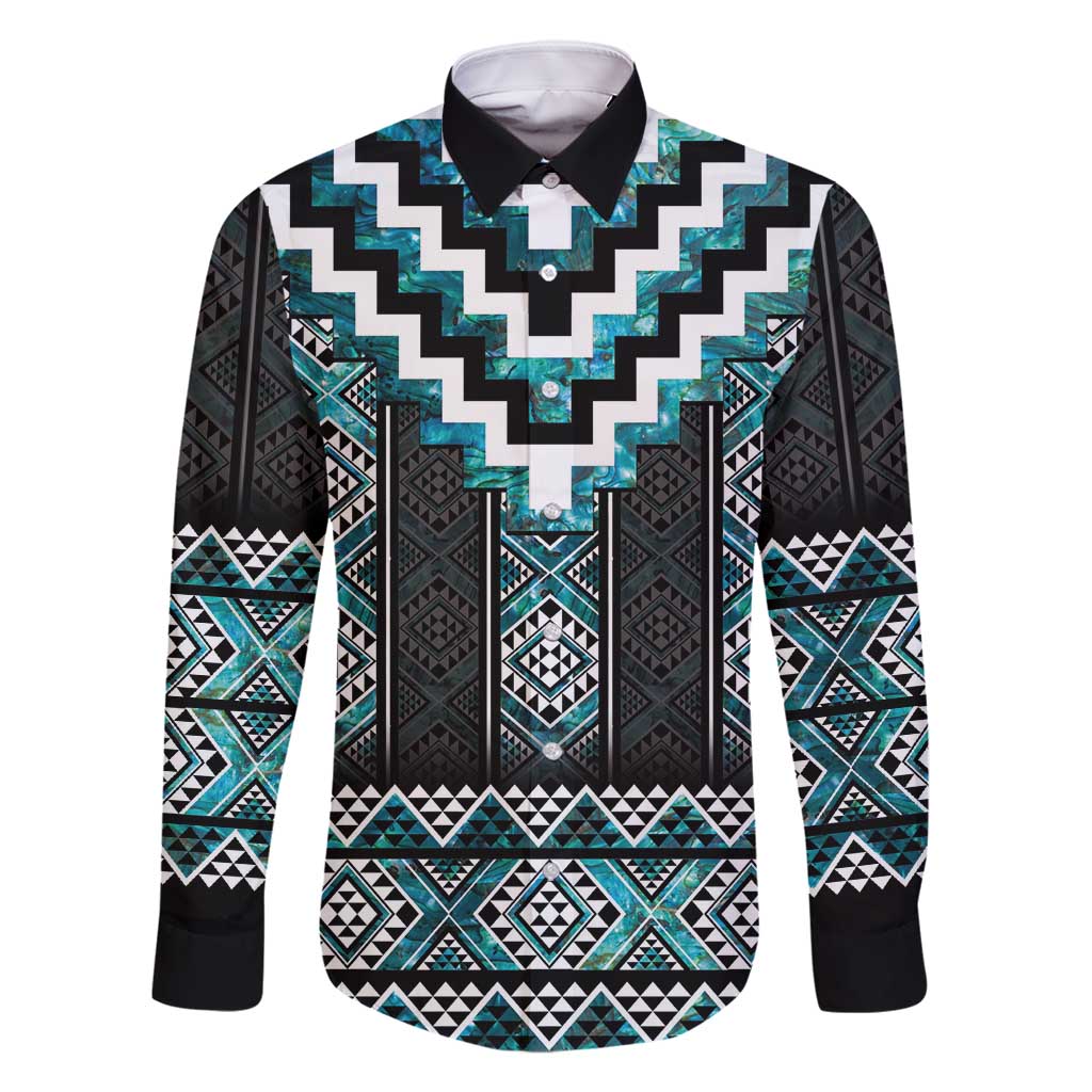 Paua Shell Taniko Pattern Aotearoa Family Matching Summer Maxi Dress and Hawaiian Shirt Niho Taniwha Mix Poutama LT14 Dad's Shirt - Long Sleeve Turquoise - Polynesian Pride