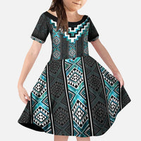 Paua Shell Taniko Pattern Aotearoa Family Matching Tank Maxi Dress and Hawaiian Shirt Niho Taniwha Mix Poutama LT14 Daughter's Dress Turquoise - Polynesian Pride