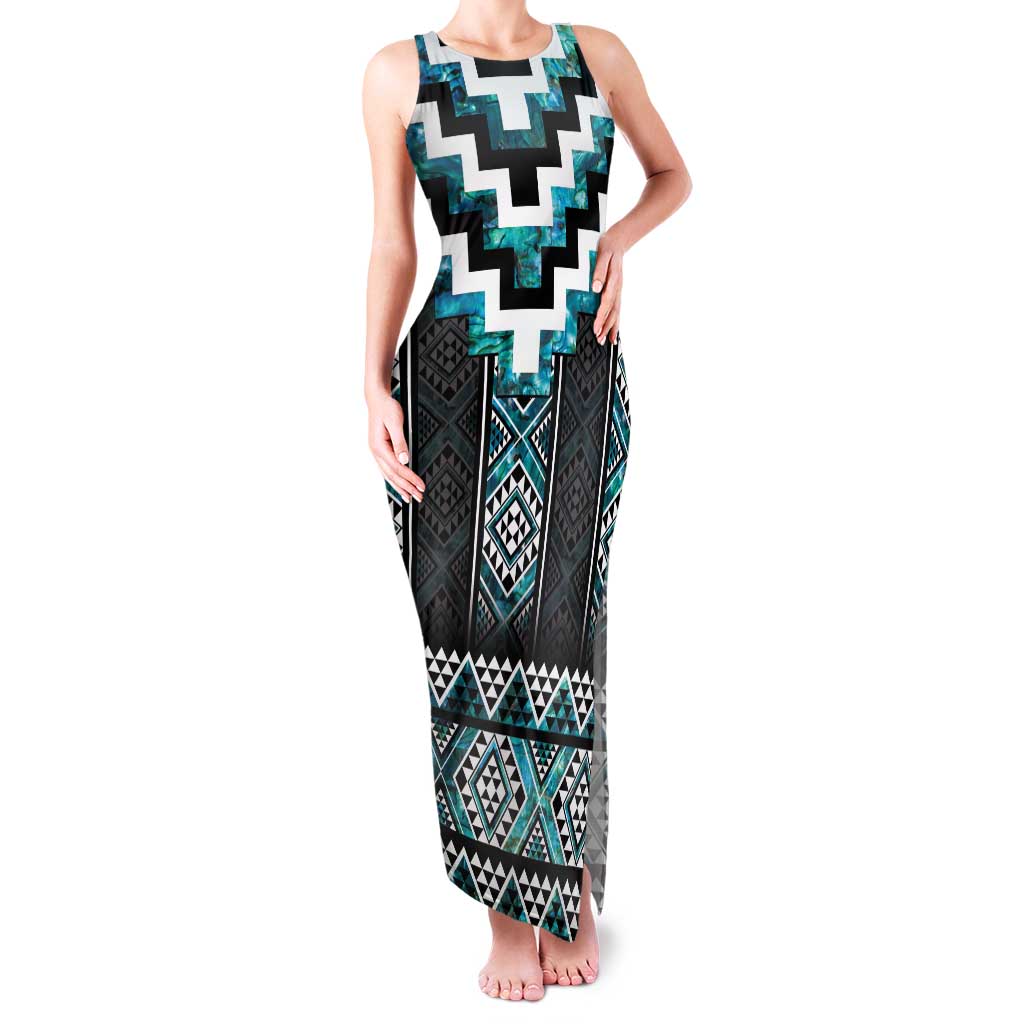 Paua Shell Taniko Pattern Aotearoa Family Matching Tank Maxi Dress and Hawaiian Shirt Niho Taniwha Mix Poutama LT14 Mom's Dress Turquoise - Polynesian Pride