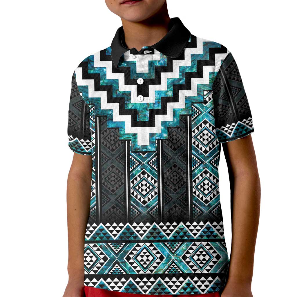 Paua Shell Taniko Pattern Aotearoa Kid Polo Shirt Niho Taniwha Mix Poutama LT14 Kid Turquoise - Polynesian Pride