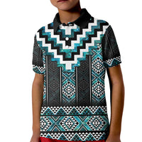 Paua Shell Taniko Pattern Aotearoa Kid Polo Shirt Niho Taniwha Mix Poutama LT14 Kid Turquoise - Polynesian Pride