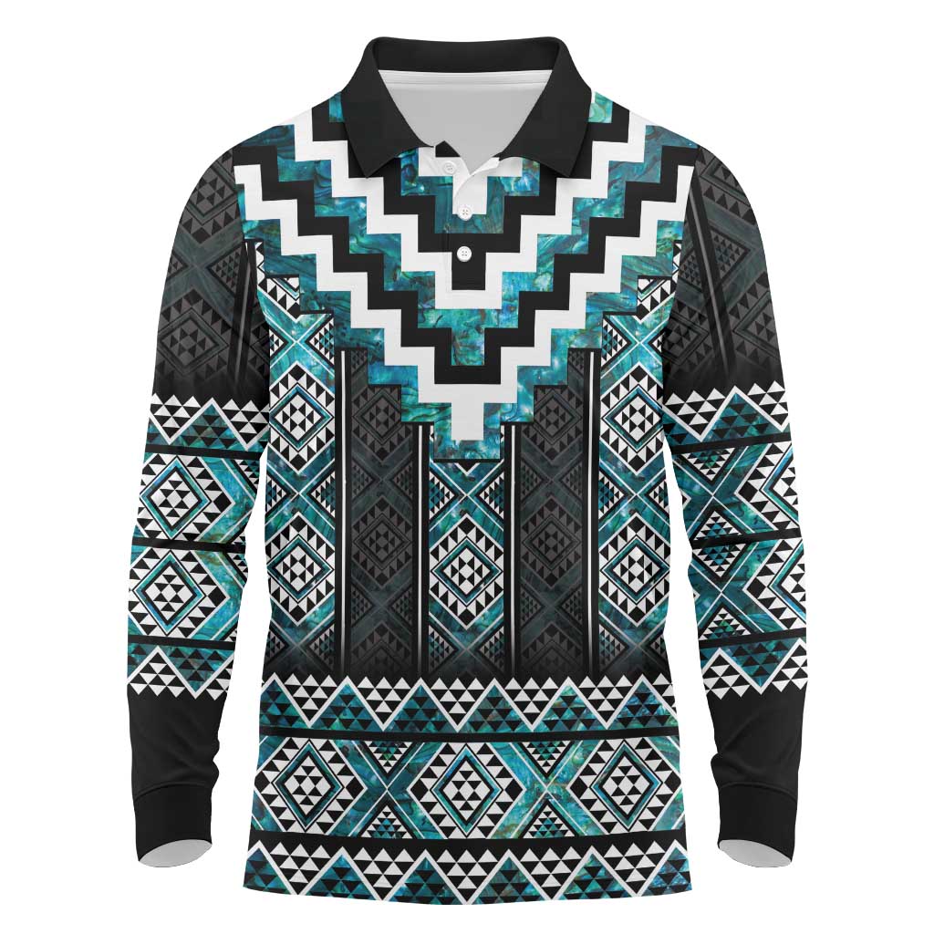 Paua Shell Taniko Pattern Aotearoa Long Sleeve Polo Shirt Niho Taniwha Mix Poutama