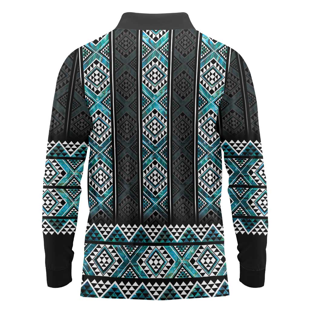 Paua Shell Taniko Pattern Aotearoa Long Sleeve Polo Shirt Niho Taniwha Mix Poutama