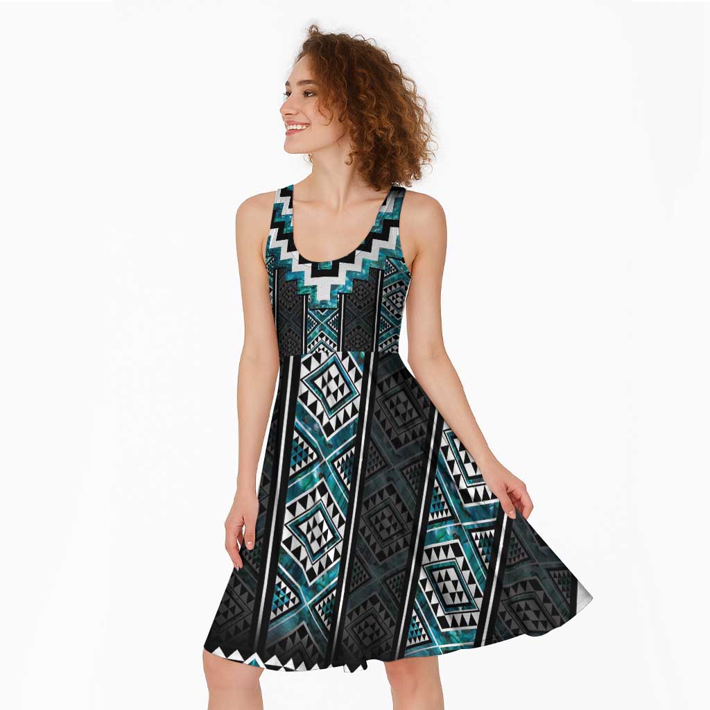 Paua Shell Taniko Pattern Aotearoa Midi Dress Niho Taniwha Mix Poutama - Polynesian Pride