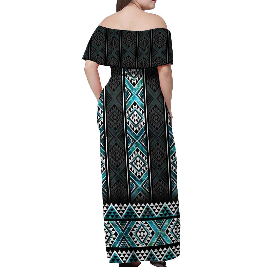 Paua Shell Taniko Pattern Aotearoa Off Shoulder Maxi Dress Niho Taniwha Mix Poutama