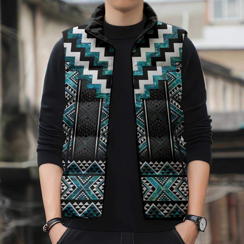 Paua Shell Taniko Pattern Aotearoa Sleeveless Puffer Jacket Niho Taniwha Mix Poutama - Polynesian Pride