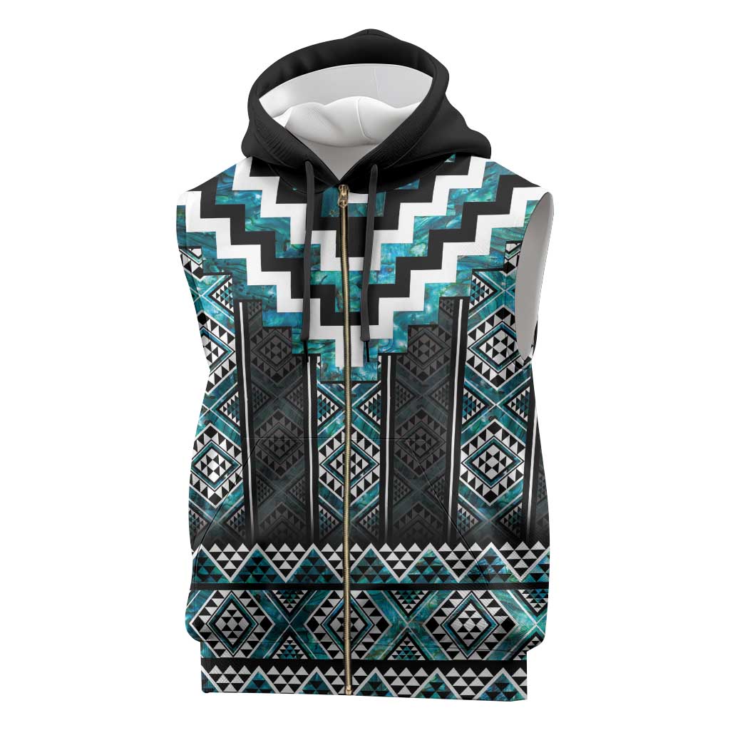 Paua Shell Taniko Pattern Aotearoa Sleeveless Zip Hoodie Niho Taniwha Mix Poutama - Polynesian Pride