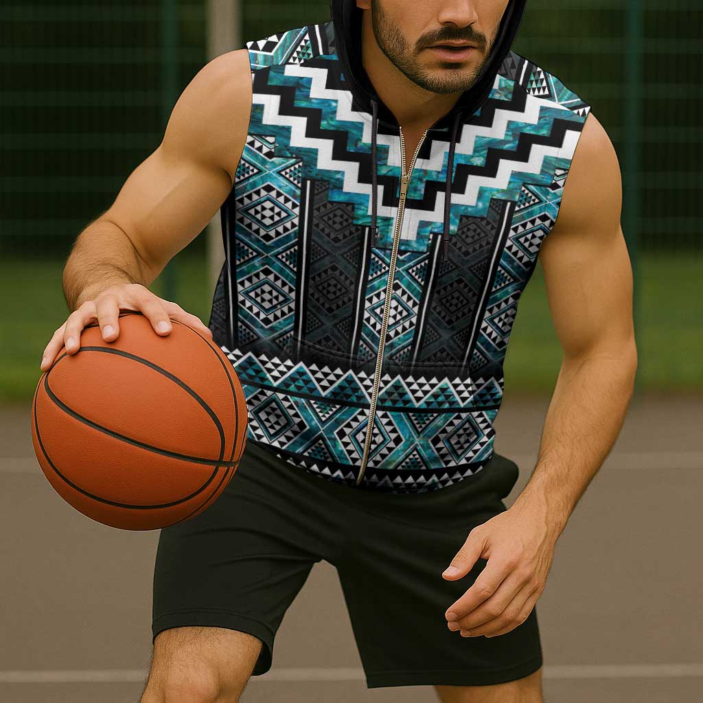 Paua Shell Taniko Pattern Aotearoa Sleeveless Zip Hoodie Niho Taniwha Mix Poutama - Polynesian Pride