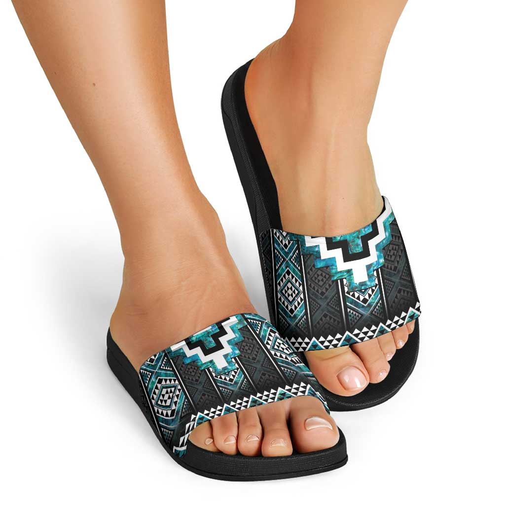 Paua Shell Taniko Pattern Aotearoa Slide Sandals Niho Taniwha Mix Poutama - Polynesian Pride