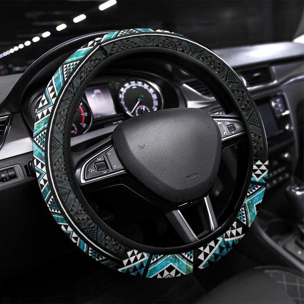 Paua Shell Taniko Pattern Aotearoa Steering Wheel Cover Niho Taniwha Mix Poutama LT14 Universal Fit Turquoise - Polynesian Pride