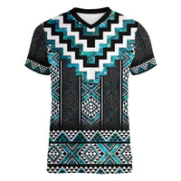 Paua Shell Taniko Pattern Aotearoa Women V-Neck T-Shirt Niho Taniwha Mix Poutama