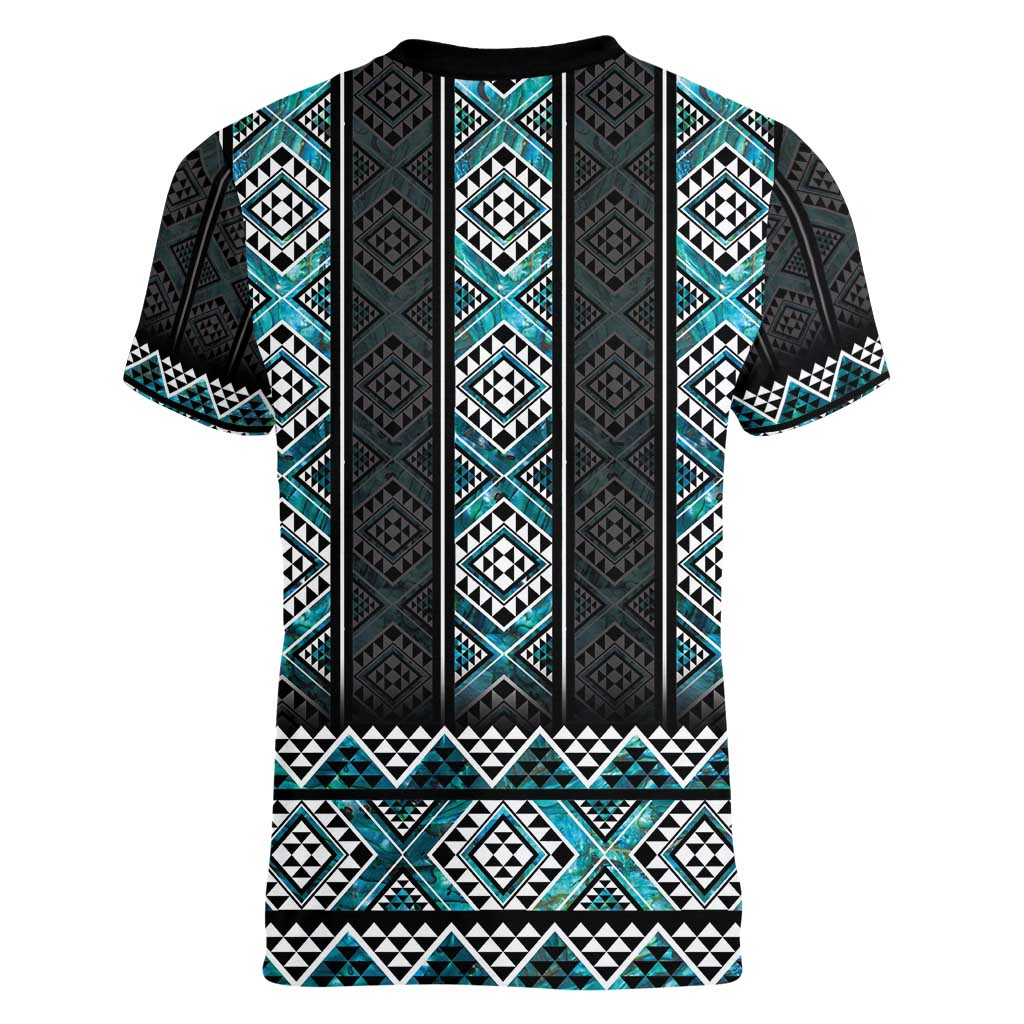Paua Shell Taniko Pattern Aotearoa Women V-Neck T-Shirt Niho Taniwha Mix Poutama