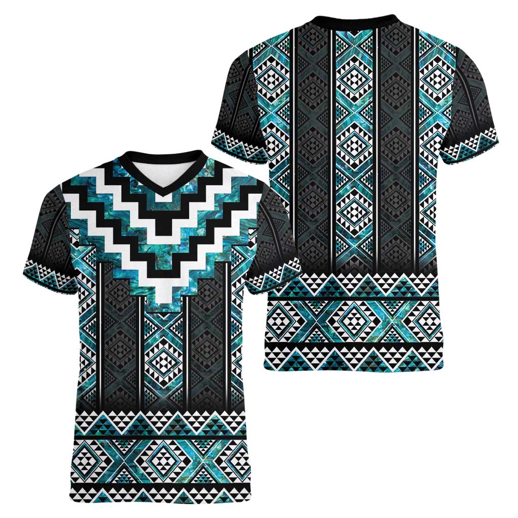 Paua Shell Taniko Pattern Aotearoa Women V-Neck T-Shirt Niho Taniwha Mix Poutama